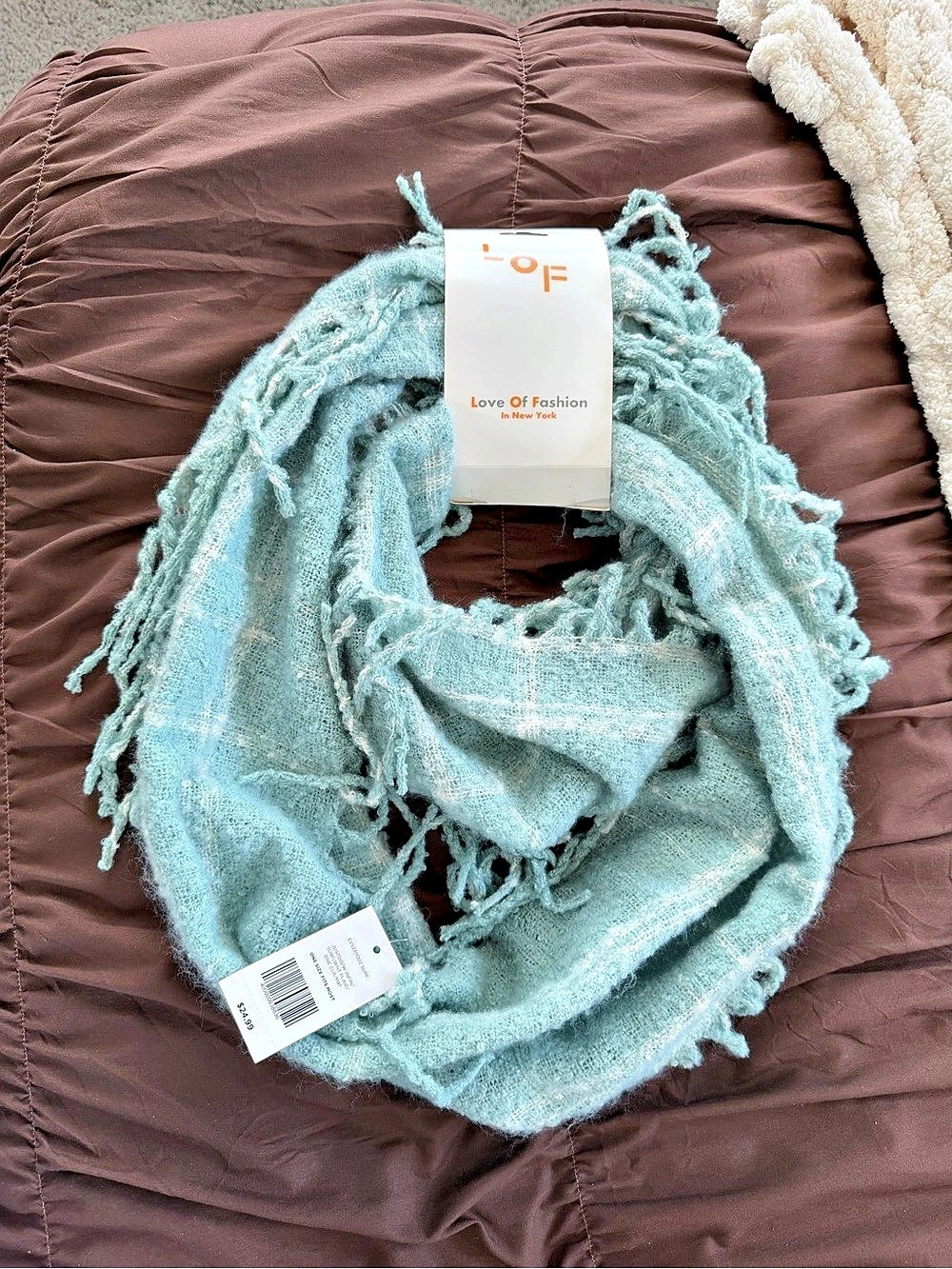Love Of Fashion Plaid Fringe Infinity Scarf Blue NWT